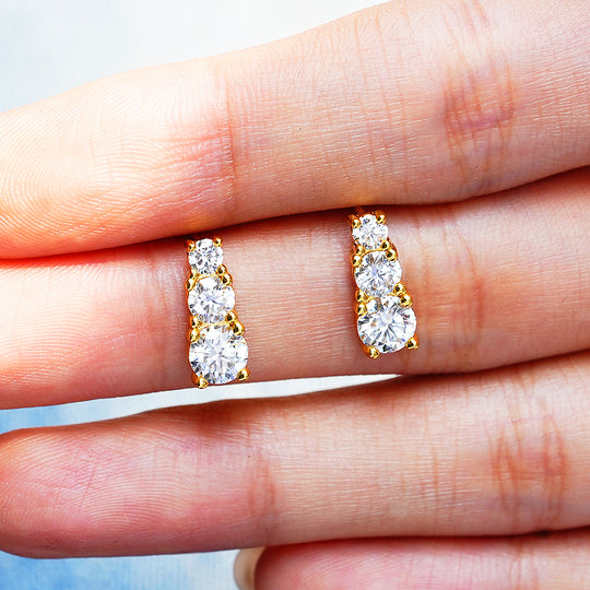 Graduated Triple Solitaire Stud Earrings | Moissanite | 14K Gold Plated 925 Sterling Silver | Prm8124 - Earrings | Singapore Jewellery, Wedding Rings &amp; Gifts | Same Day Delivery | Tiara.com.sg