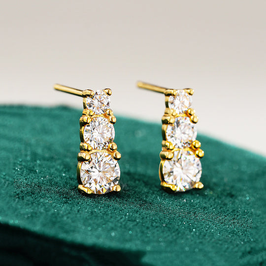 Graduated Triple Solitaire Stud Earrings | Moissanite | 14K Gold Plated 925 Sterling Silver | Prm8124 - Earrings | Singapore Jewellery, Wedding Rings &amp; Gifts | Same Day Delivery | Tiara.com.sg