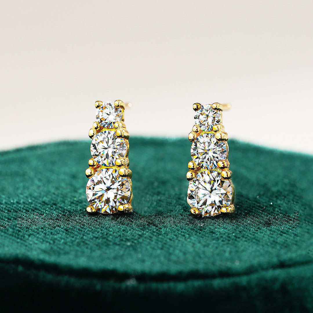 Graduated Triple Solitaire Stud Earrings | Moissanite | 14K Gold Plated 925 Sterling Silver | Prm8124 - Earrings | Singapore Jewellery, Wedding Rings &amp; Gifts | Same Day Delivery | Tiara.com.sg