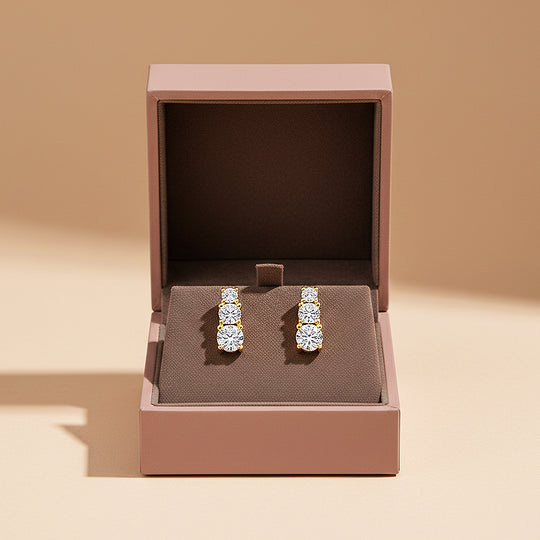 Graduated Triple Solitaire Stud Earrings | Moissanite | 14K Gold Plated 925 Sterling Silver | Prm8124 - Earrings | Singapore Jewellery, Wedding Rings &amp; Gifts | Same Day Delivery | Tiara.com.sg