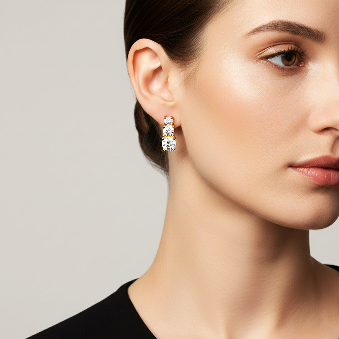 Graduated Triple Solitaire Stud Earrings | Moissanite | 14K Gold Plated 925 Sterling Silver | Prm8124 - Earrings | Singapore Jewellery, Wedding Rings & Gifts | Same Day Delivery | Tiara.com.sg