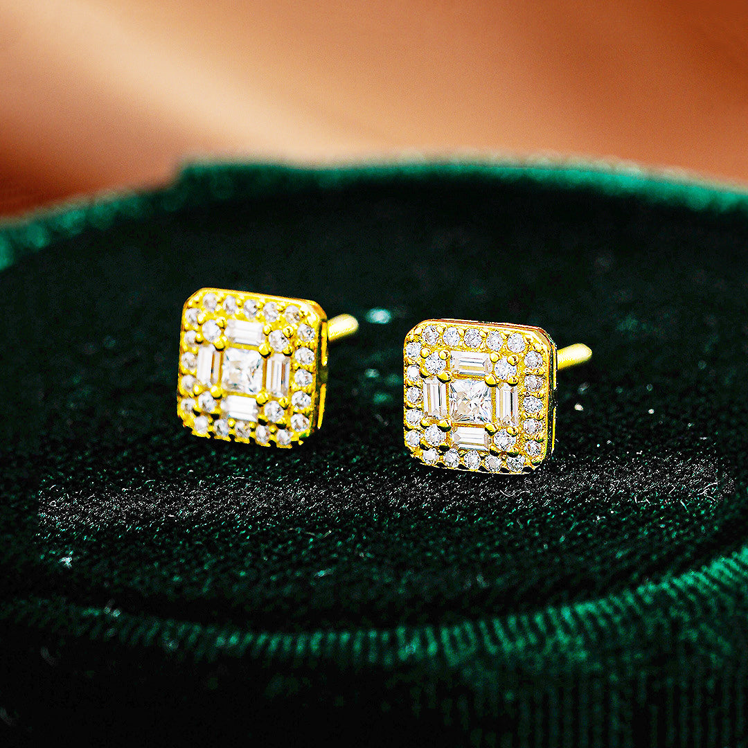 Square Halo Cluster Stud Earrings | Moissanite | 14K Gold Plated 925 Sterling Silver | Prm8125 - Earrings | Singapore Jewellery, Wedding Rings &amp; Gifts | Same Day Delivery | Tiara.com.sg