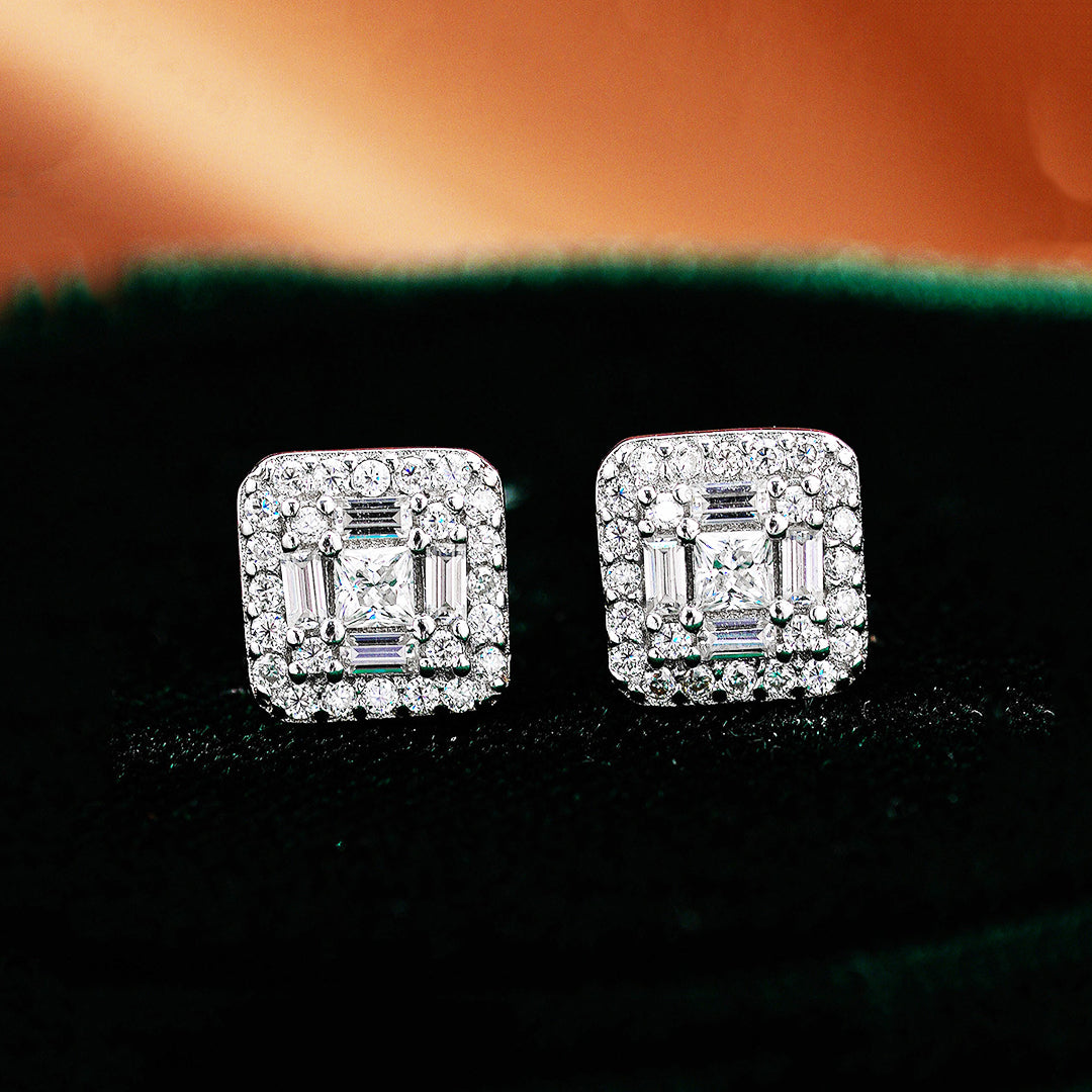 Square Halo Cluster Stud Earrings | Moissanite | 14K Gold Plated 925 Sterling Silver | Prm8125 - Earrings | Singapore Jewellery, Wedding Rings &amp; Gifts | Same Day Delivery | Tiara.com.sg