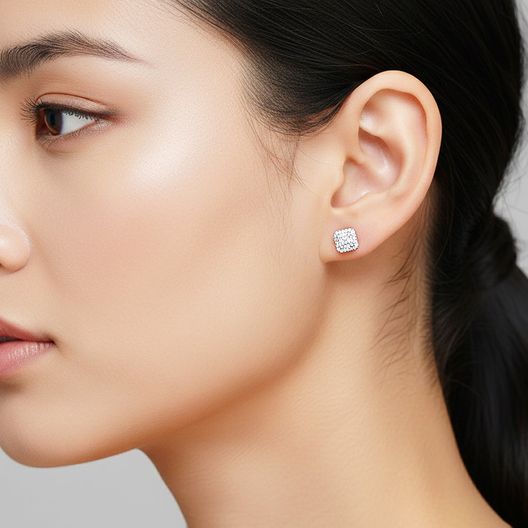 Square Halo Cluster Stud Earrings | Moissanite | 14K Gold Plated 925 Sterling Silver | Prm8125 - Earrings | Singapore Jewellery, Wedding Rings & Gifts | Same Day Delivery | Tiara.com.sg