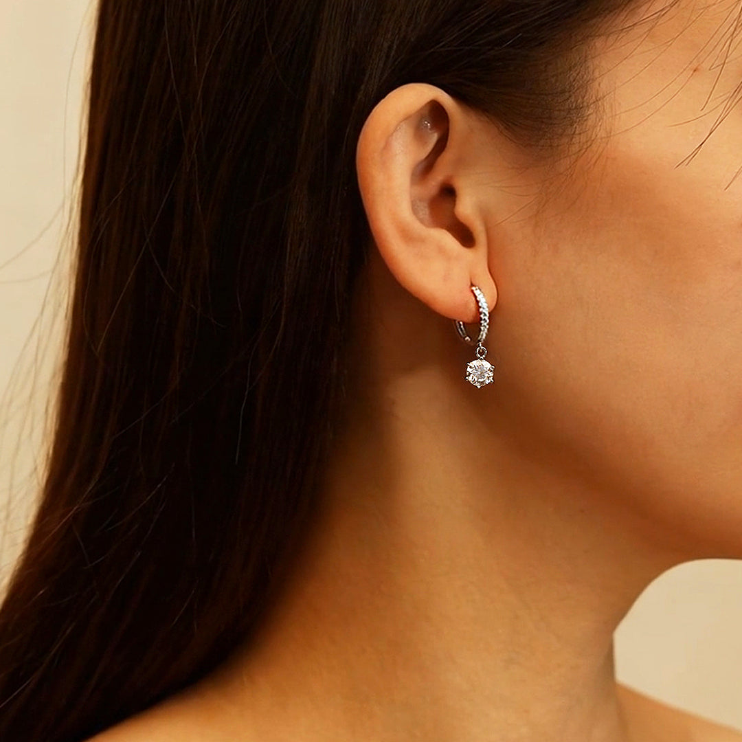 Solitaire Dangle Pavé Huggie Earrings | Moissanite | 925 Sterling Silver | Prm8126 - Earrings | Singapore Jewellery, Wedding Rings & Gifts | Same Day Delivery | Tiara.com.sg