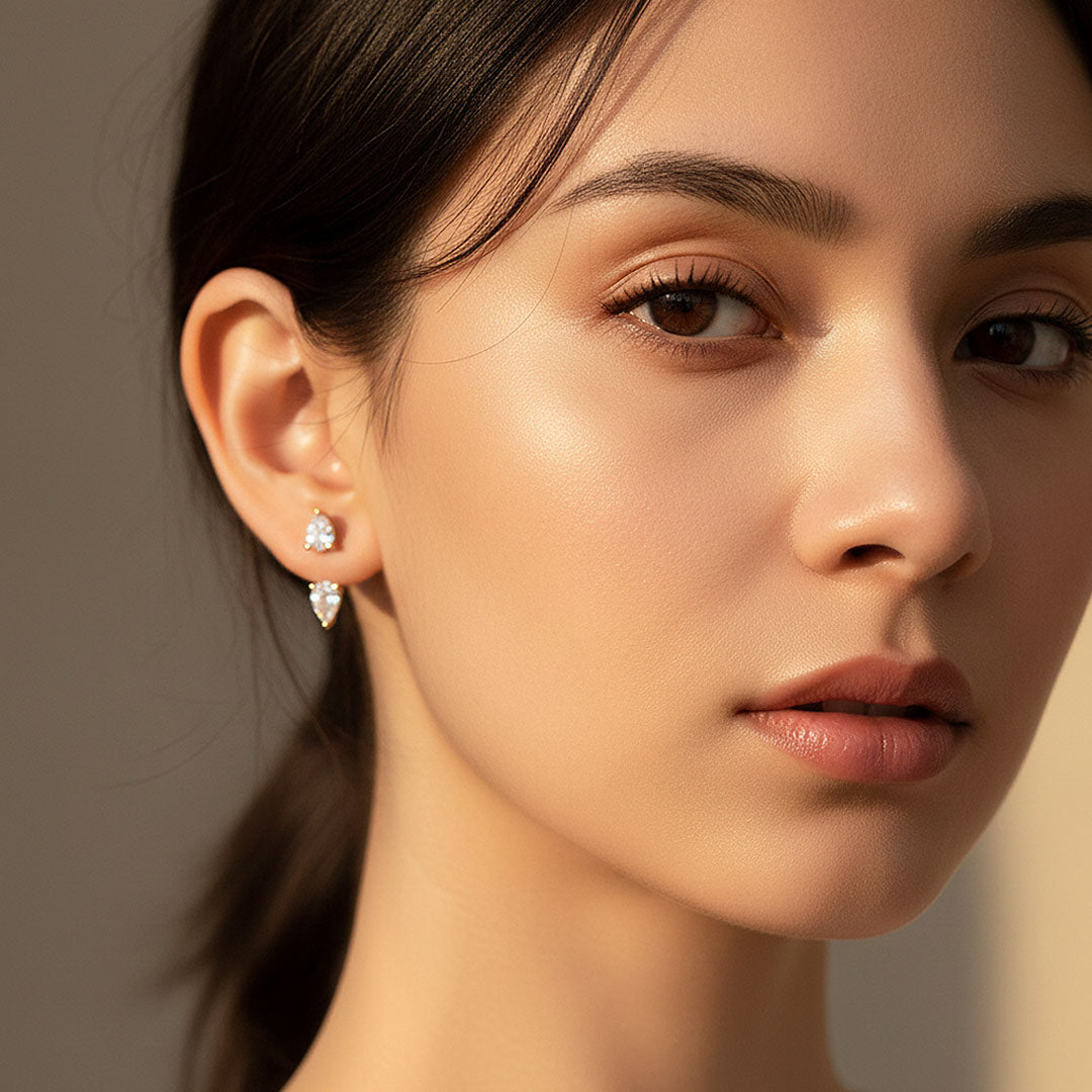 Double Pear Ear Jacket Earrings | Moissanite | 18K Gold Plated 925 Sterling Silver | Prm8128 - Earrings | Singapore Jewellery, Wedding Rings &amp; Gifts | Same Day Delivery | Tiara.com.sg