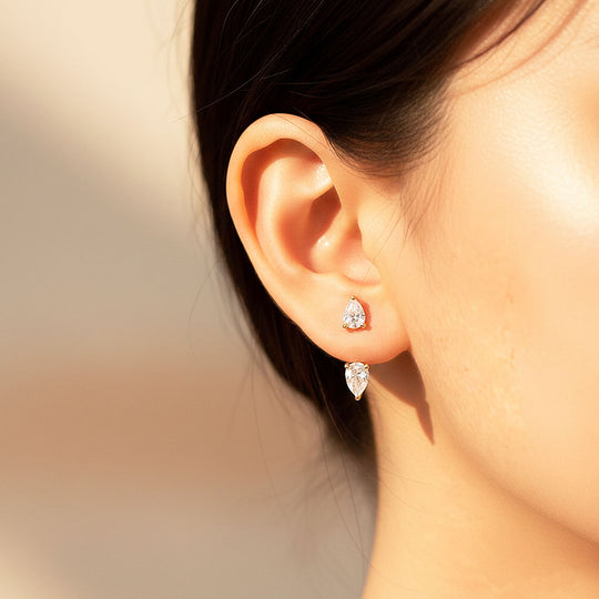 Double Pear Ear Jacket Earrings | Moissanite | 18K Gold Plated 925 Sterling Silver | Prm8128 - Earrings | Singapore Jewellery, Wedding Rings &amp; Gifts | Same Day Delivery | Tiara.com.sg