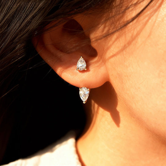 Double Pear Ear Jacket Earrings | Moissanite | 18K Gold Plated 925 Sterling Silver | Prm8128 - Earrings | Singapore Jewellery, Wedding Rings &amp; Gifts | Same Day Delivery | Tiara.com.sg