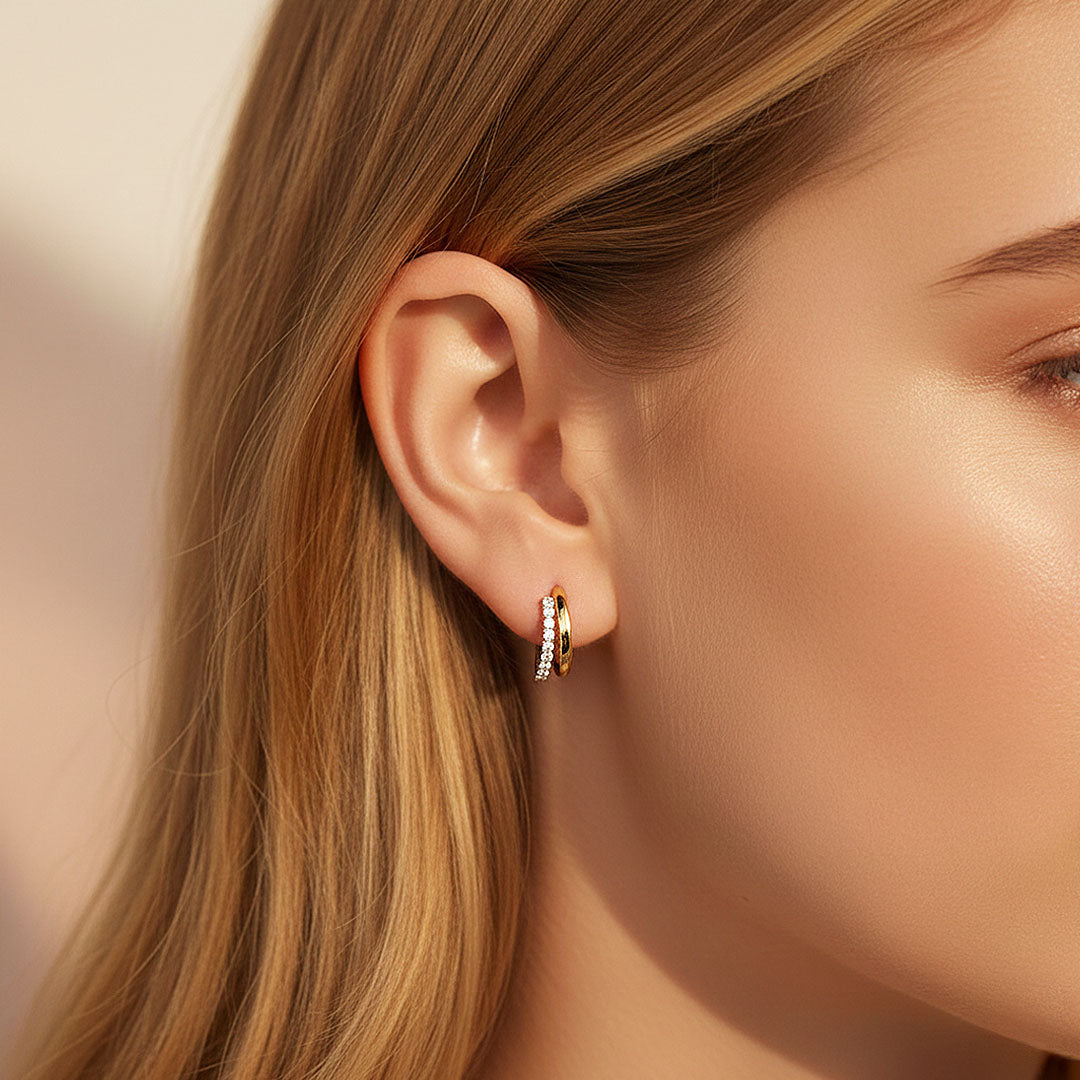 Double Row Pavé Huggie Earrings | Moissanite | 18K Gold Plated 925 Sterling Silver | Prm8129 - Earrings | Singapore Jewellery, Wedding Rings & Gifts | Same Day Delivery | Tiara.com.sg