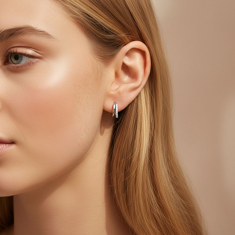 Double Row Pavé Huggie Earrings | Moissanite | 18K Gold Plated 925 Sterling Silver | Prm8129 - Earrings | Singapore Jewellery, Wedding Rings & Gifts | Same Day Delivery | Tiara.com.sg