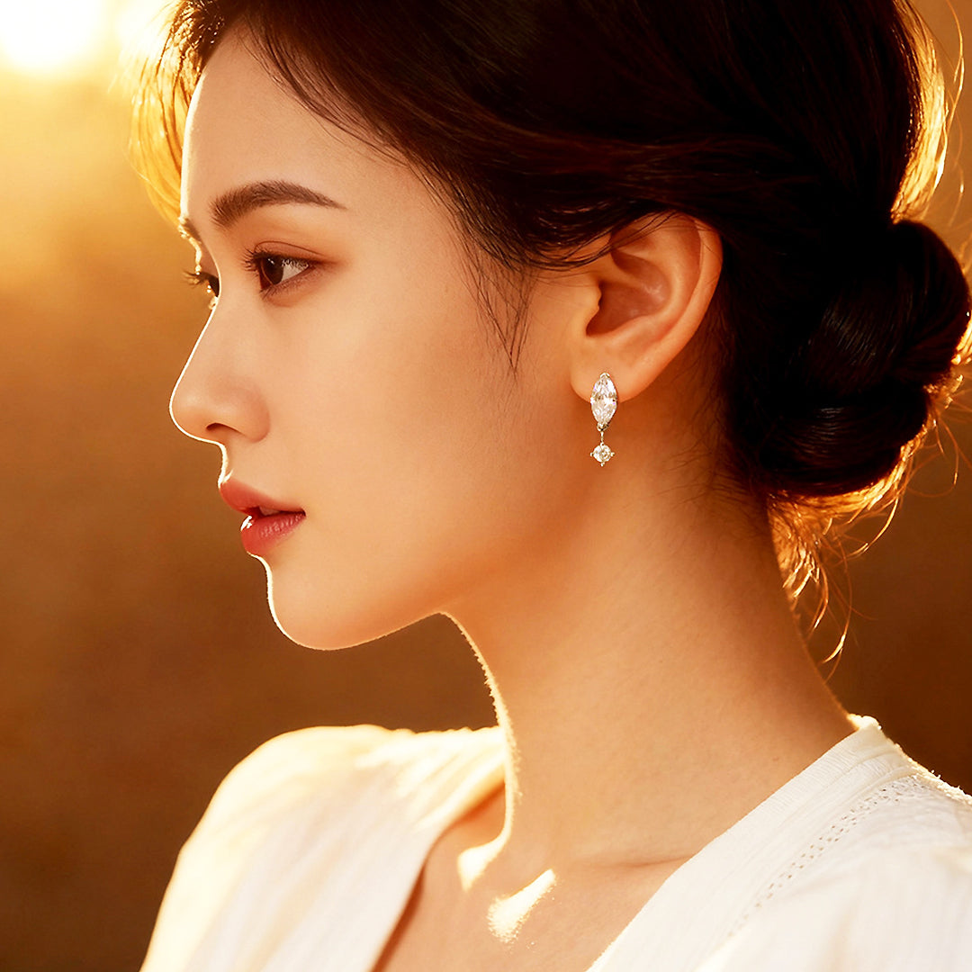 Marquise &amp; Round Drop Earrings | Moissanite | 14K Gold Plated 925 Sterling Silver | Prm8131 - Earrings | Singapore Jewellery, Wedding Rings &amp; Gifts | Same Day Delivery | Tiara.com.sg
