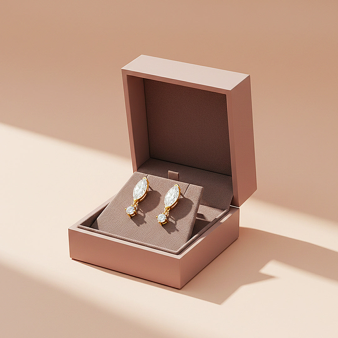 Marquise &amp; Round Drop Earrings | Moissanite | 14K Gold Plated 925 Sterling Silver | Prm8131 - Earrings | Singapore Jewellery, Wedding Rings &amp; Gifts | Same Day Delivery | Tiara.com.sg