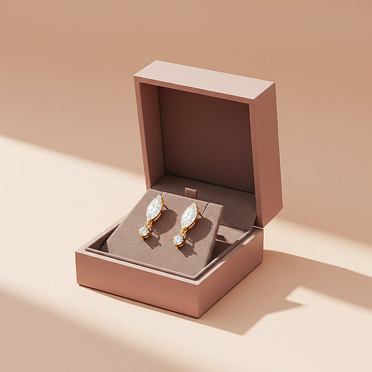 Marquise &amp; Round Drop Earrings | Moissanite | 14K Gold Plated 925 Sterling Silver | Prm8131 - Earrings | Singapore Jewellery, Wedding Rings &amp; Gifts | Same Day Delivery | Tiara.com.sg