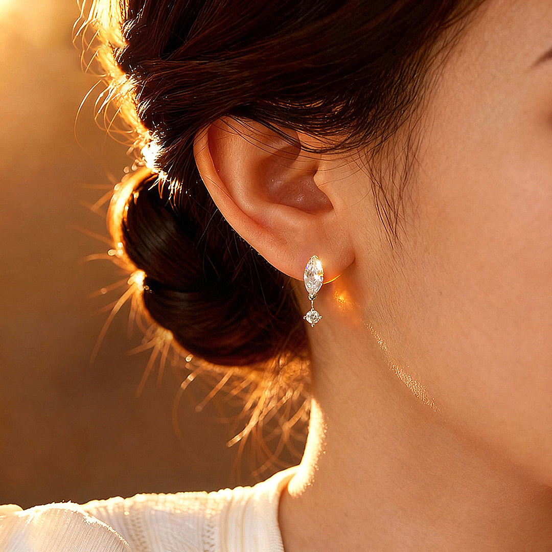 Marquise &amp; Round Drop Earrings | Moissanite | 14K Gold Plated 925 Sterling Silver | Prm8131 - Earrings | Singapore Jewellery, Wedding Rings &amp; Gifts | Same Day Delivery | Tiara.com.sg