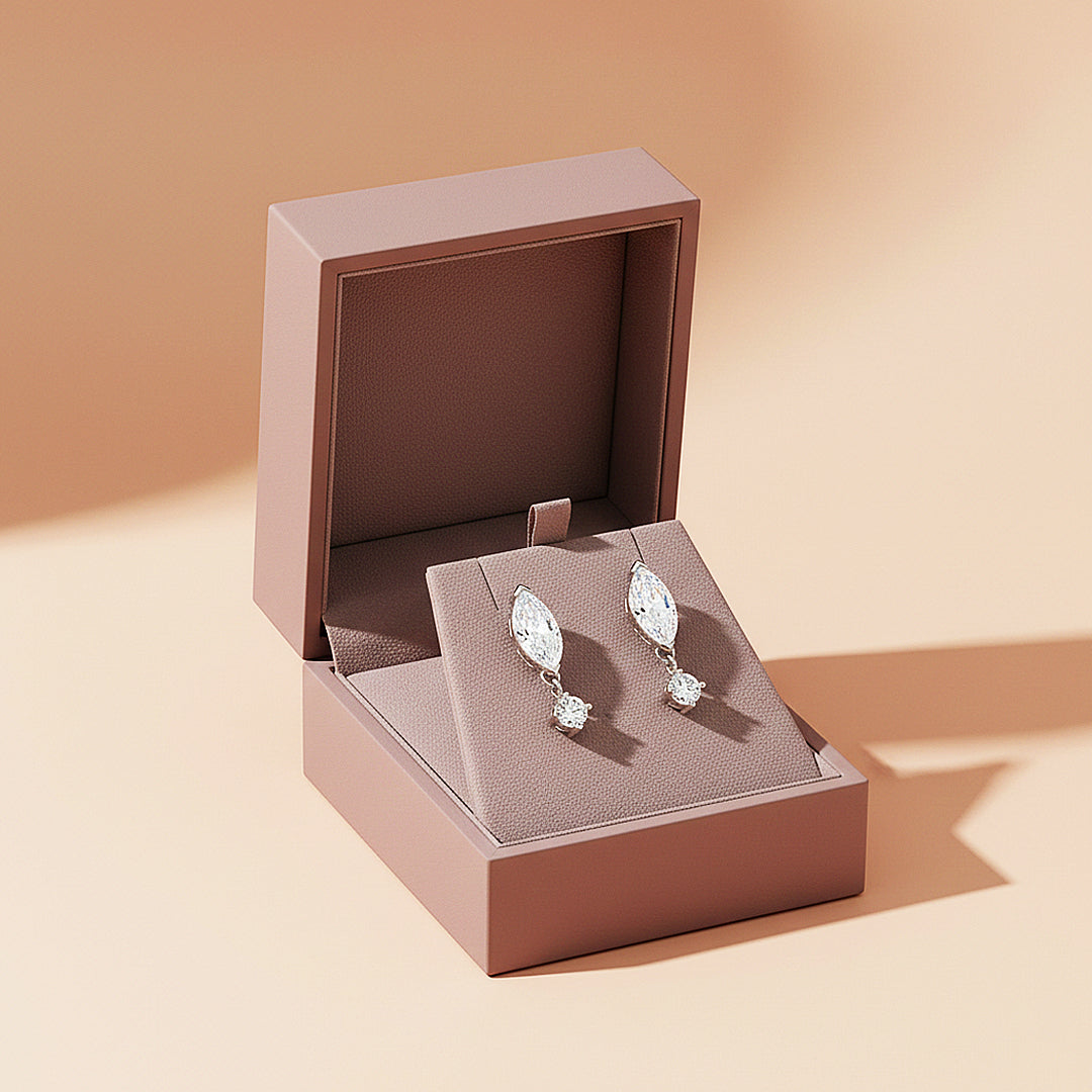 Marquise &amp; Round Drop Earrings | Moissanite | 14K Gold Plated 925 Sterling Silver | Prm8131 - Earrings | Singapore Jewellery, Wedding Rings &amp; Gifts | Same Day Delivery | Tiara.com.sg