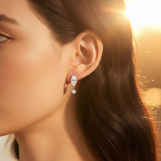 Marquise &amp; Round Drop Earrings | Moissanite | 14K Gold Plated 925 Sterling Silver | Prm8131 - Earrings | Singapore Jewellery, Wedding Rings &amp; Gifts | Same Day Delivery | Tiara.com.sg