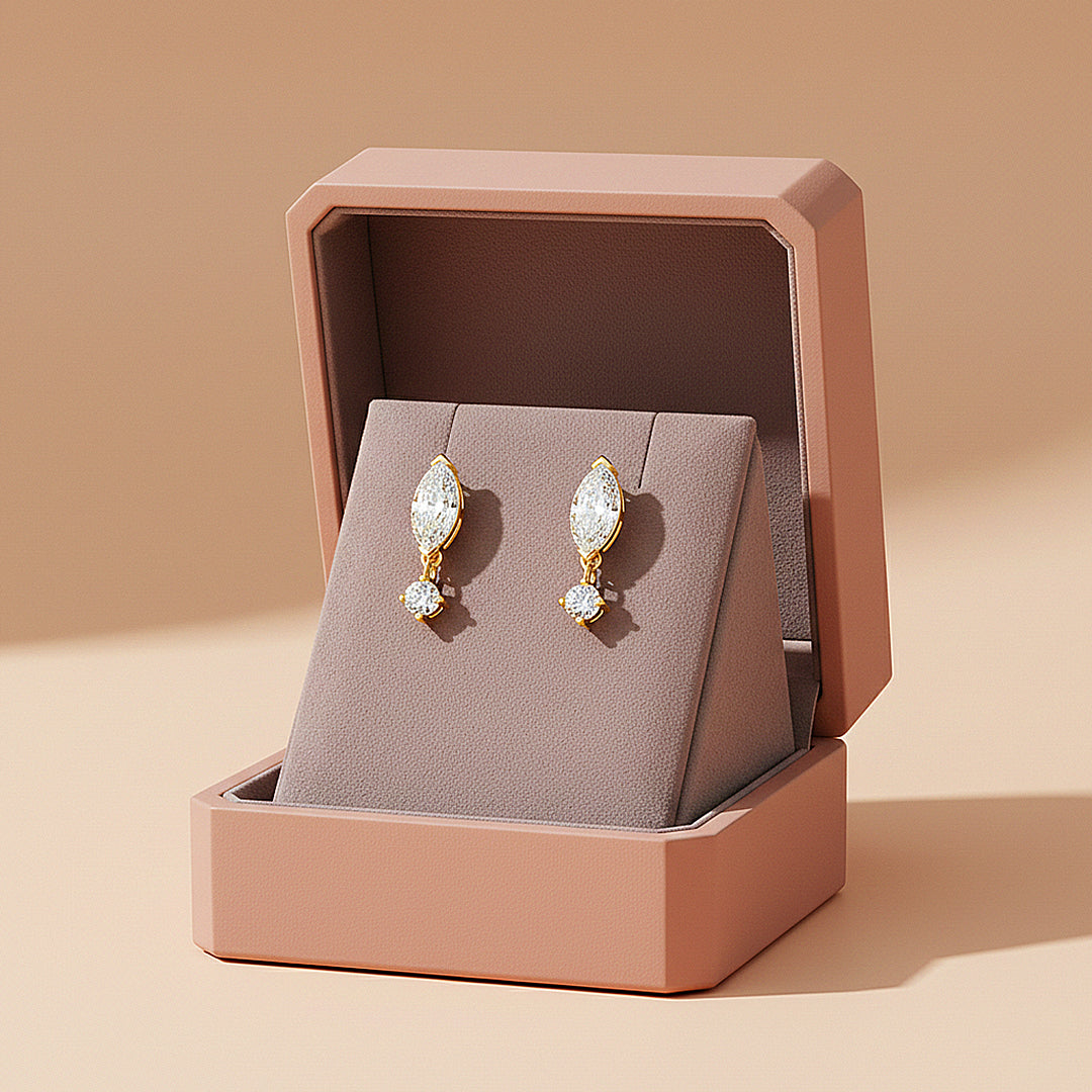 Marquise &amp; Round Drop Earrings | Moissanite | 14K Gold Plated 925 Sterling Silver | Prm8131 - Earrings | Singapore Jewellery, Wedding Rings &amp; Gifts | Same Day Delivery | Tiara.com.sg