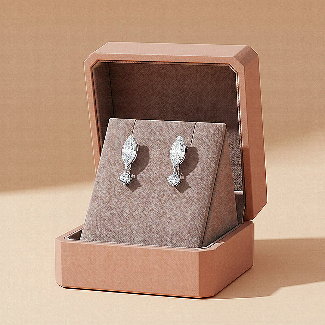 Marquise &amp; Round Drop Earrings | Moissanite | 14K Gold Plated 925 Sterling Silver | Prm8131 - Earrings | Singapore Jewellery, Wedding Rings &amp; Gifts | Same Day Delivery | Tiara.com.sg