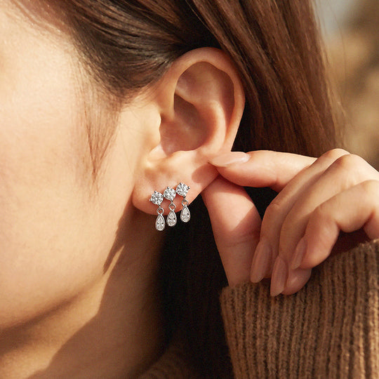Triple Round &amp; Teardrop Drop Earrings | Moissanite | 14K Gold Plated 925 Sterling Silver | Prm8133 - Earrings | Singapore Jewellery, Wedding Rings &amp; Gifts | Same Day Delivery | Tiara.com.sg