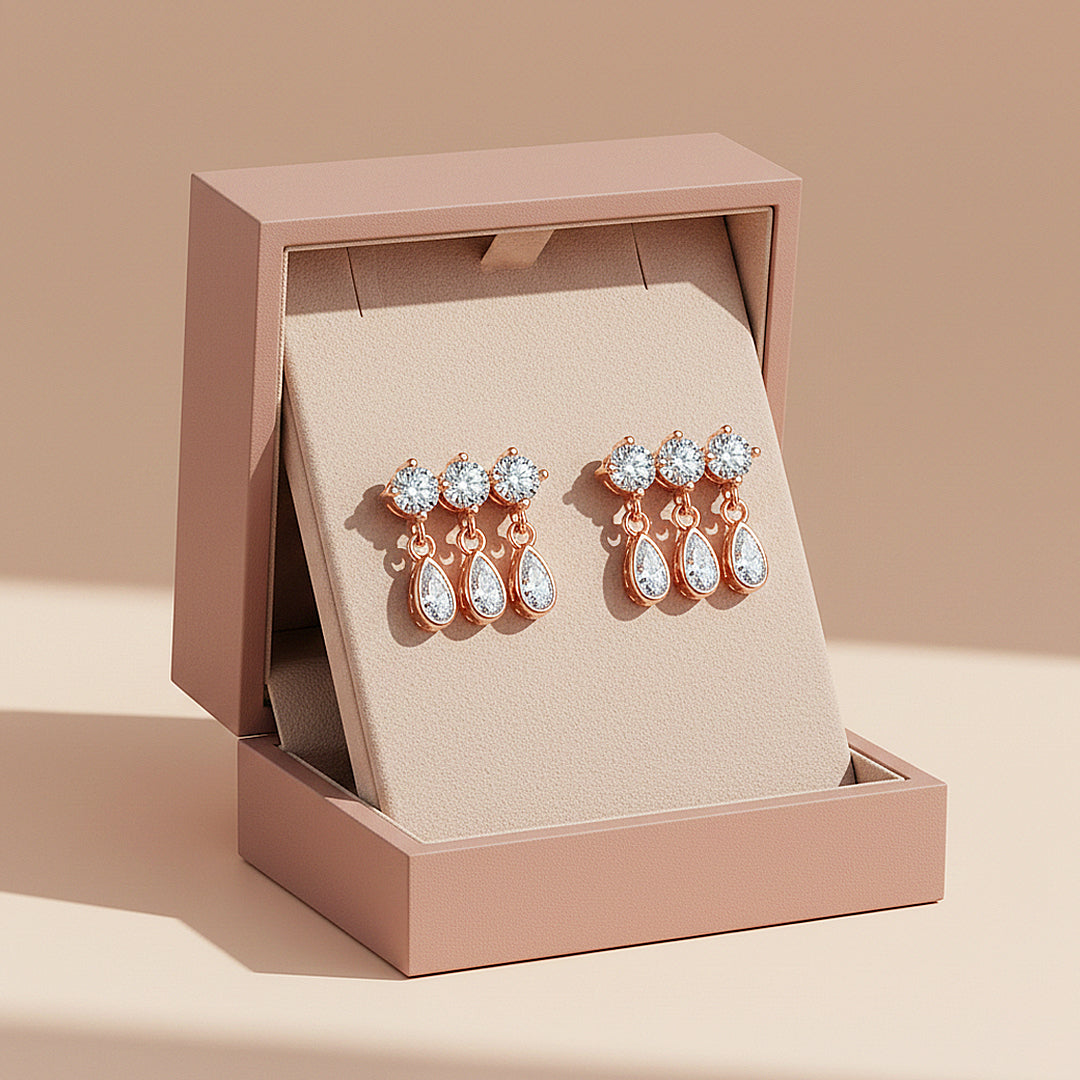 Triple Round &amp; Teardrop Drop Earrings | Moissanite | 14K Gold Plated 925 Sterling Silver | Prm8133 - Earrings | Singapore Jewellery, Wedding Rings &amp; Gifts | Same Day Delivery | Tiara.com.sg