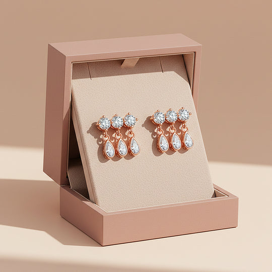 Triple Round &amp; Teardrop Drop Earrings | Moissanite | 14K Gold Plated 925 Sterling Silver | Prm8133 - Earrings | Singapore Jewellery, Wedding Rings &amp; Gifts | Same Day Delivery | Tiara.com.sg