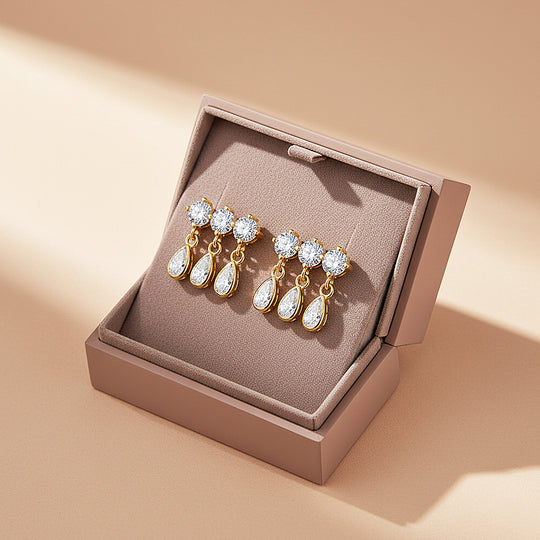 Triple Round &amp; Teardrop Drop Earrings | Moissanite | 14K Gold Plated 925 Sterling Silver | Prm8133 - Earrings | Singapore Jewellery, Wedding Rings &amp; Gifts | Same Day Delivery | Tiara.com.sg