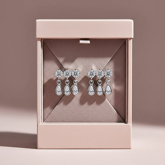 Triple Round &amp; Teardrop Drop Earrings | Moissanite | 14K Gold Plated 925 Sterling Silver | Prm8133 - Earrings | Singapore Jewellery, Wedding Rings &amp; Gifts | Same Day Delivery | Tiara.com.sg