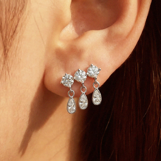 Triple Round &amp; Teardrop Drop Earrings | Moissanite | 14K Gold Plated 925 Sterling Silver | Prm8133 - Earrings | Singapore Jewellery, Wedding Rings &amp; Gifts | Same Day Delivery | Tiara.com.sg