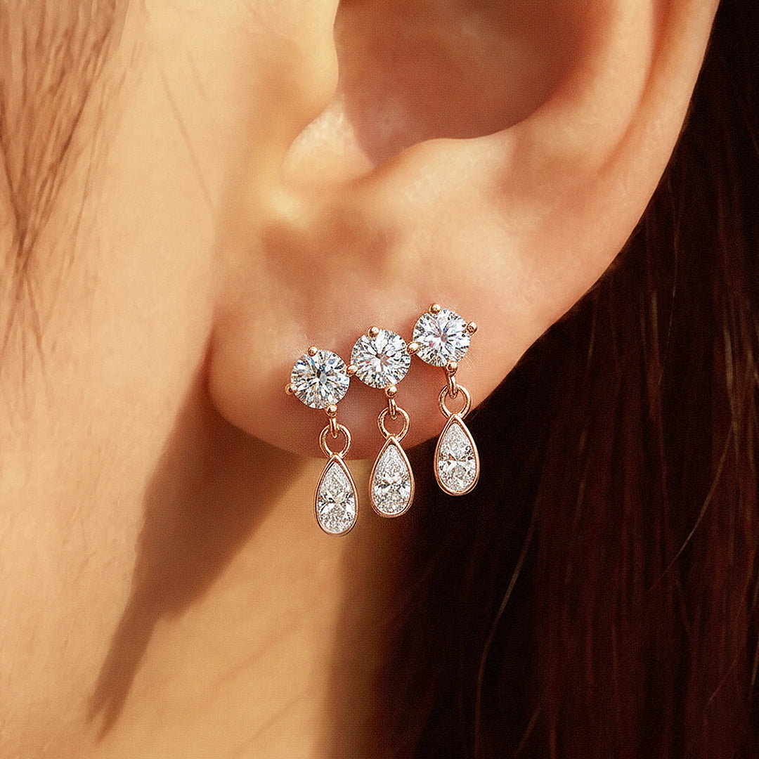 Triple Round &amp; Teardrop Drop Earrings | Moissanite | 14K Gold Plated 925 Sterling Silver | Prm8133 - Earrings | Singapore Jewellery, Wedding Rings &amp; Gifts | Same Day Delivery | Tiara.com.sg