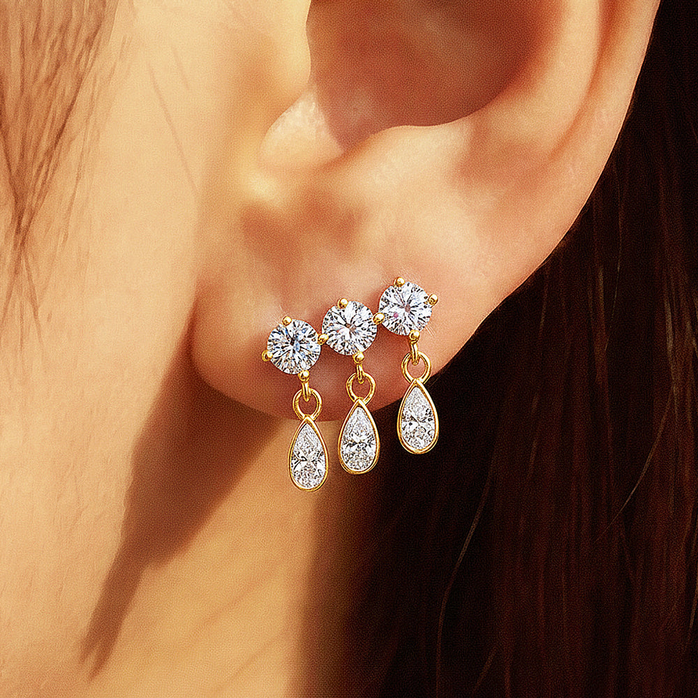 Triple Round & Teardrop Drop Earrings | Moissanite | 14K Gold Plated 925 Sterling Silver | Prm8133 - Earrings | Singapore Jewellery, Wedding Rings & Gifts | Same Day Delivery | Tiara.com.sg