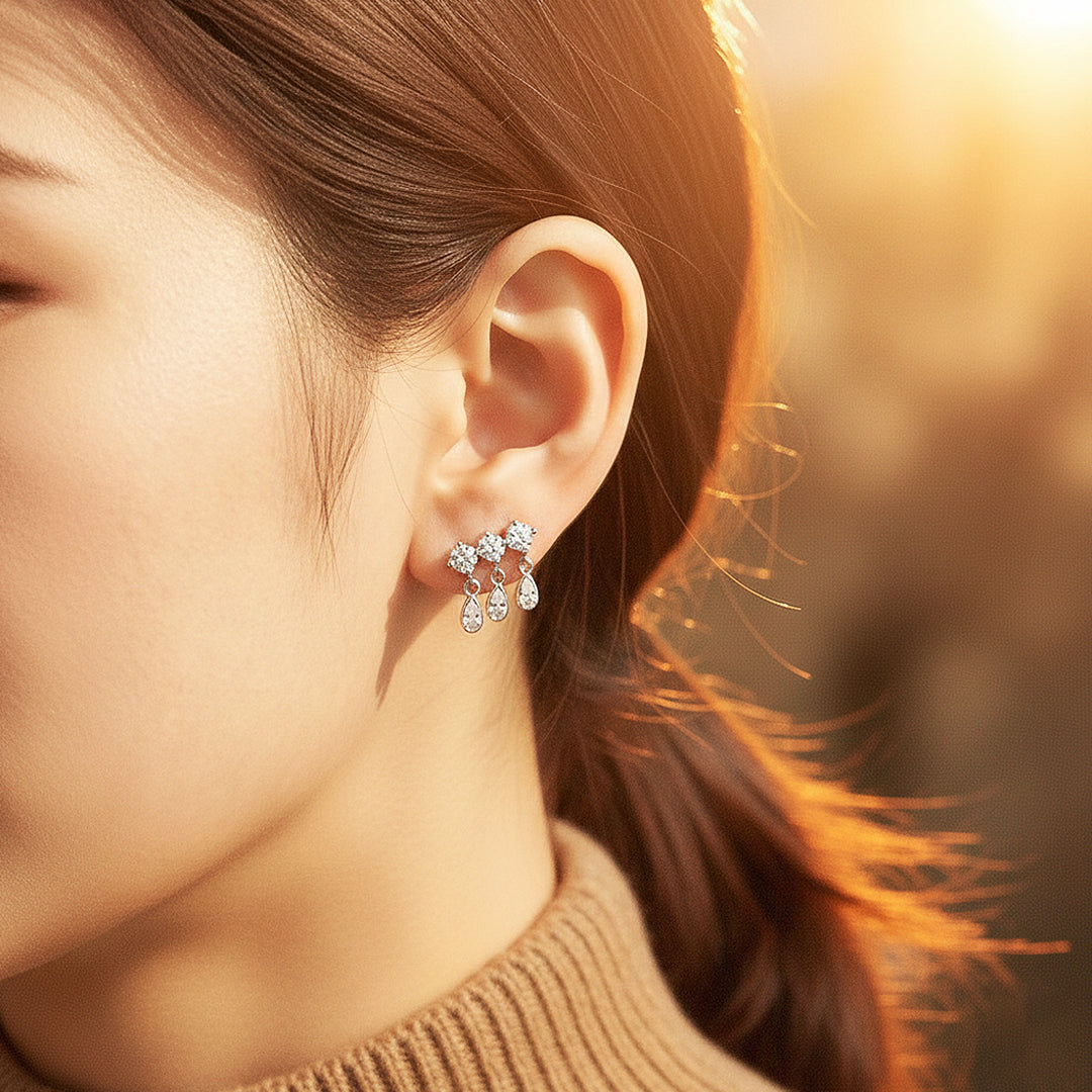 Triple Round &amp; Teardrop Drop Earrings | Moissanite | 14K Gold Plated 925 Sterling Silver | Prm8133 - Earrings | Singapore Jewellery, Wedding Rings &amp; Gifts | Same Day Delivery | Tiara.com.sg