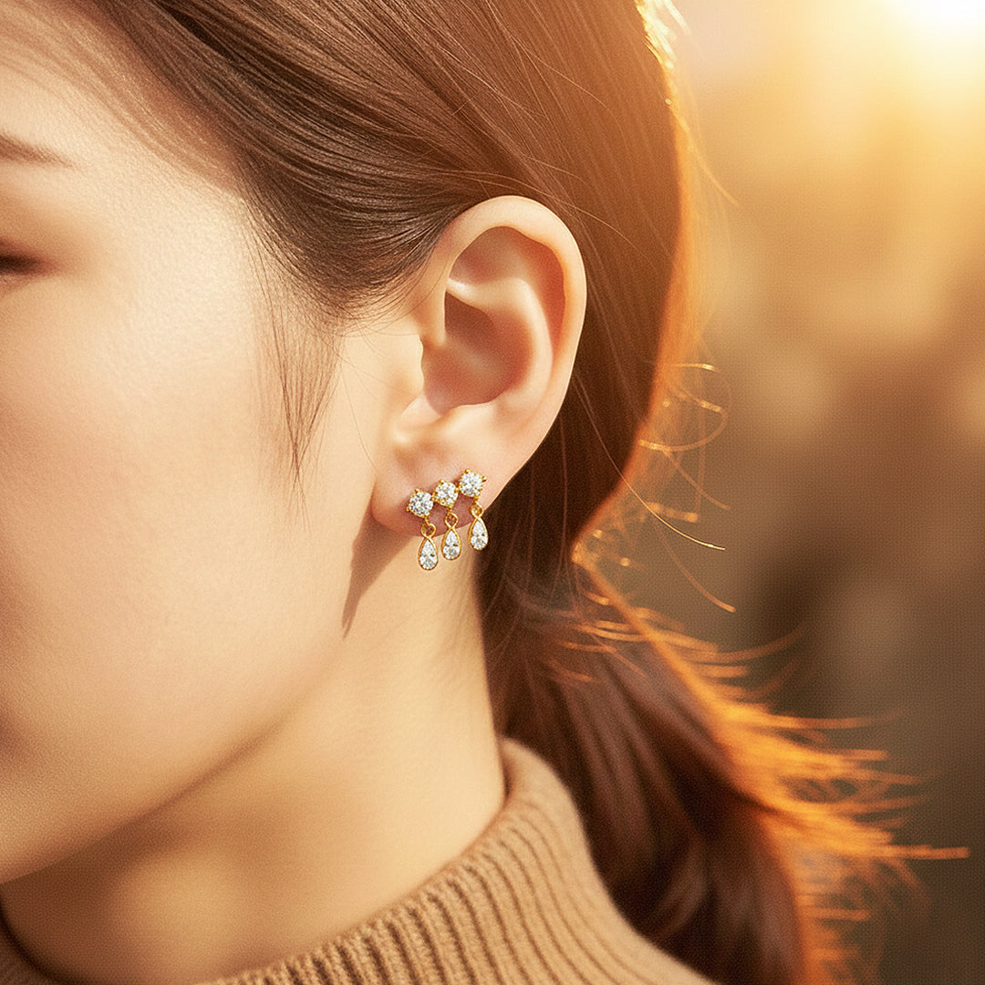 Triple Round &amp; Teardrop Drop Earrings | Moissanite | 14K Gold Plated 925 Sterling Silver | Prm8133 - Earrings | Singapore Jewellery, Wedding Rings &amp; Gifts | Same Day Delivery | Tiara.com.sg