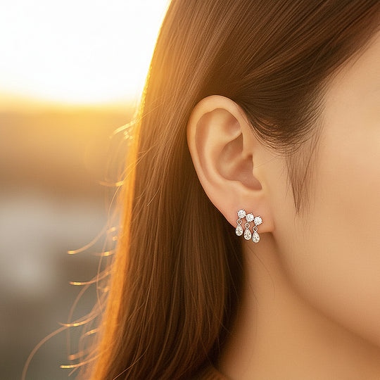 Triple Round &amp; Teardrop Drop Earrings | Moissanite | 14K Gold Plated 925 Sterling Silver | Prm8133 - Earrings | Singapore Jewellery, Wedding Rings &amp; Gifts | Same Day Delivery | Tiara.com.sg