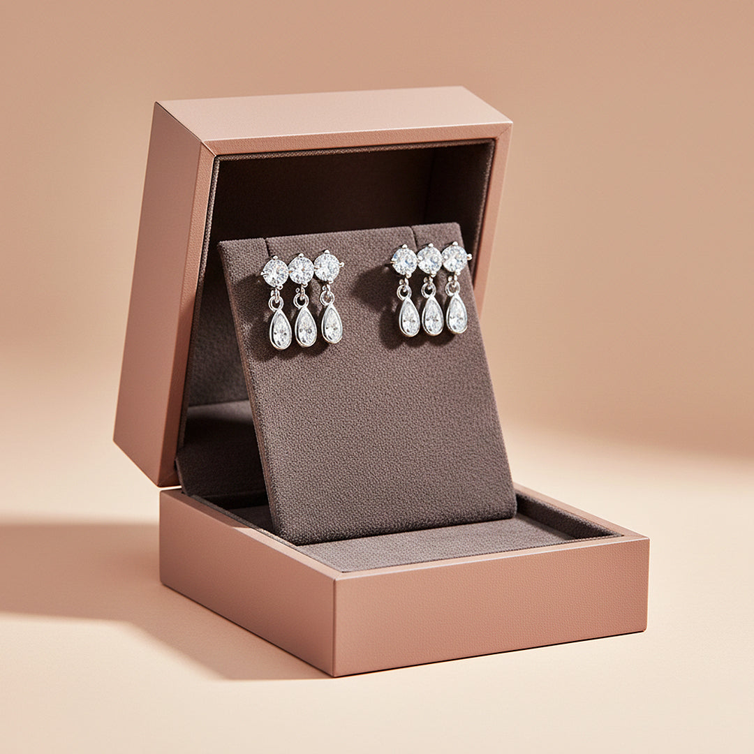 Triple Round &amp; Teardrop Drop Earrings | Moissanite | 14K Gold Plated 925 Sterling Silver | Prm8133 - Earrings | Singapore Jewellery, Wedding Rings &amp; Gifts | Same Day Delivery | Tiara.com.sg