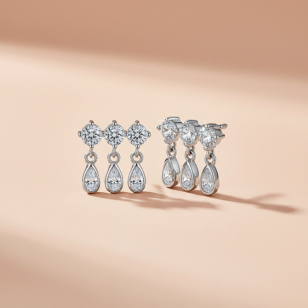 Triple Round &amp; Teardrop Drop Earrings | Moissanite | 14K Gold Plated 925 Sterling Silver | Prm8133 - Earrings | Singapore Jewellery, Wedding Rings &amp; Gifts | Same Day Delivery | Tiara.com.sg