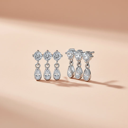 Triple Round &amp; Teardrop Drop Earrings | Moissanite | 14K Gold Plated 925 Sterling Silver | Prm8133 - Earrings | Singapore Jewellery, Wedding Rings &amp; Gifts | Same Day Delivery | Tiara.com.sg