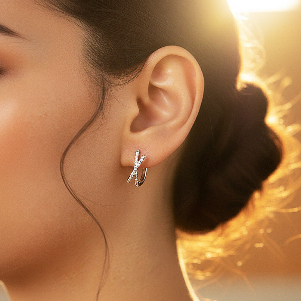 Crisscross X-Halo Huggie Earrings | Moissanite | 14K Gold Plated 925 Sterling Silver | Prm8134 - Earrings | Singapore Jewellery, Wedding Rings & Gifts | Same Day Delivery | Tiara.com.sg