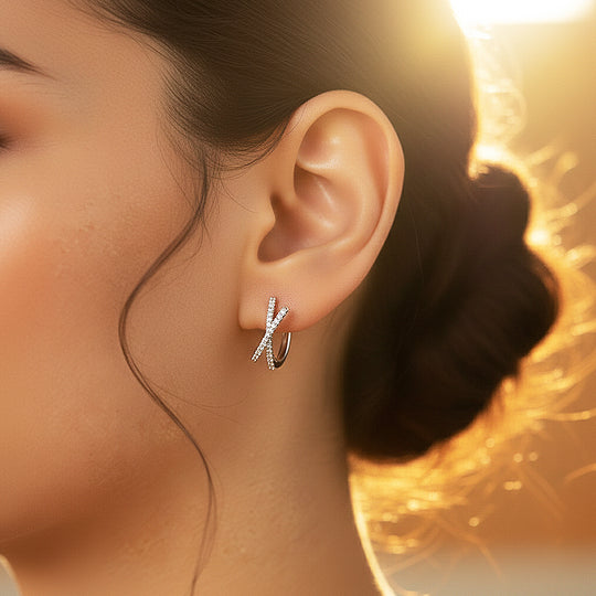 Crisscross X-Halo Huggie Earrings | Moissanite | 14K Gold Plated 925 Sterling Silver | Prm8134 - Earrings | Singapore Jewellery, Wedding Rings &amp; Gifts | Same Day Delivery | Tiara.com.sg