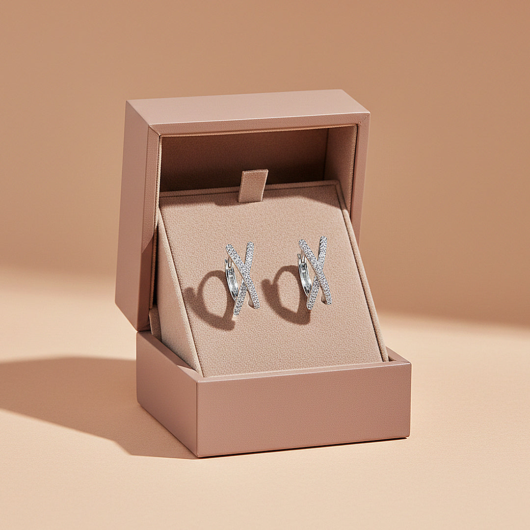 Crisscross X-Halo Huggie Earrings | Moissanite | 14K Gold Plated 925 Sterling Silver | Prm8134 - Earrings | Singapore Jewellery, Wedding Rings &amp; Gifts | Same Day Delivery | Tiara.com.sg