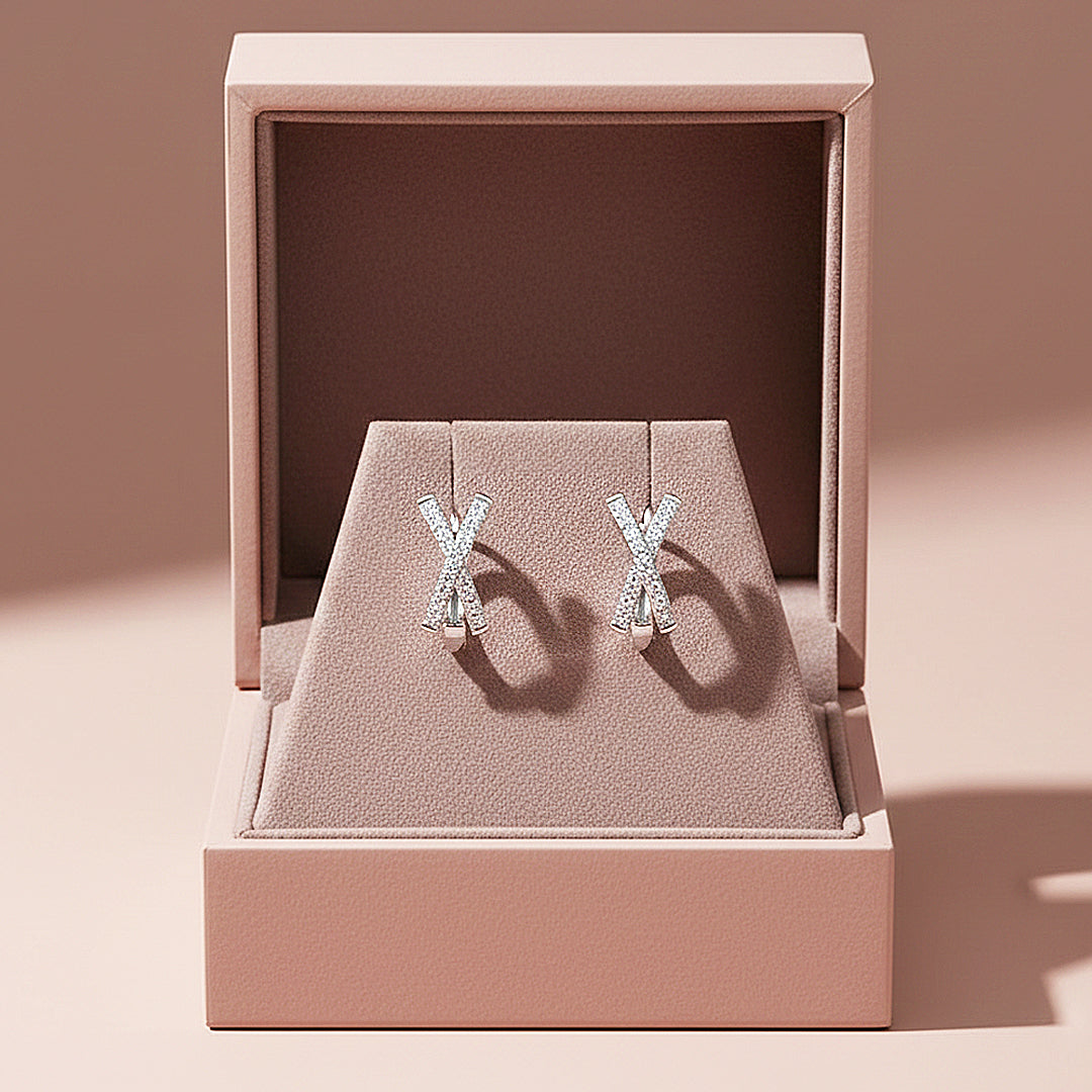 Crisscross X-Halo Huggie Earrings | Moissanite | 14K Gold Plated 925 Sterling Silver | Prm8134 - Earrings | Singapore Jewellery, Wedding Rings &amp; Gifts | Same Day Delivery | Tiara.com.sg