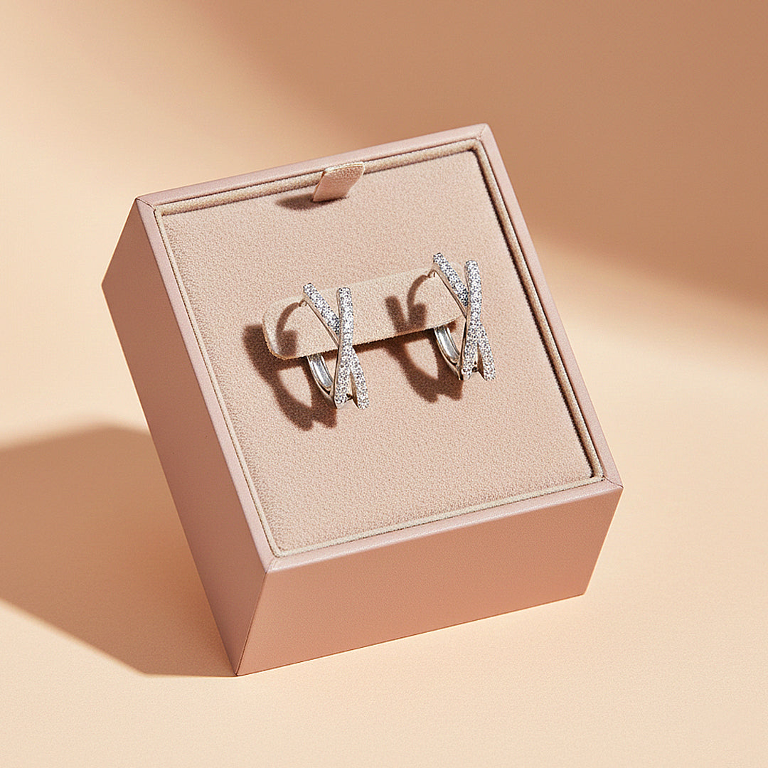 Crisscross X-Halo Huggie Earrings | Moissanite | 14K Gold Plated 925 Sterling Silver | Prm8134 - Earrings | Singapore Jewellery, Wedding Rings &amp; Gifts | Same Day Delivery | Tiara.com.sg
