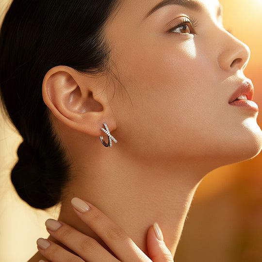 Crisscross X-Halo Huggie Earrings | Moissanite | 14K Gold Plated 925 Sterling Silver | Prm8134 - Earrings | Singapore Jewellery, Wedding Rings &amp; Gifts | Same Day Delivery | Tiara.com.sg