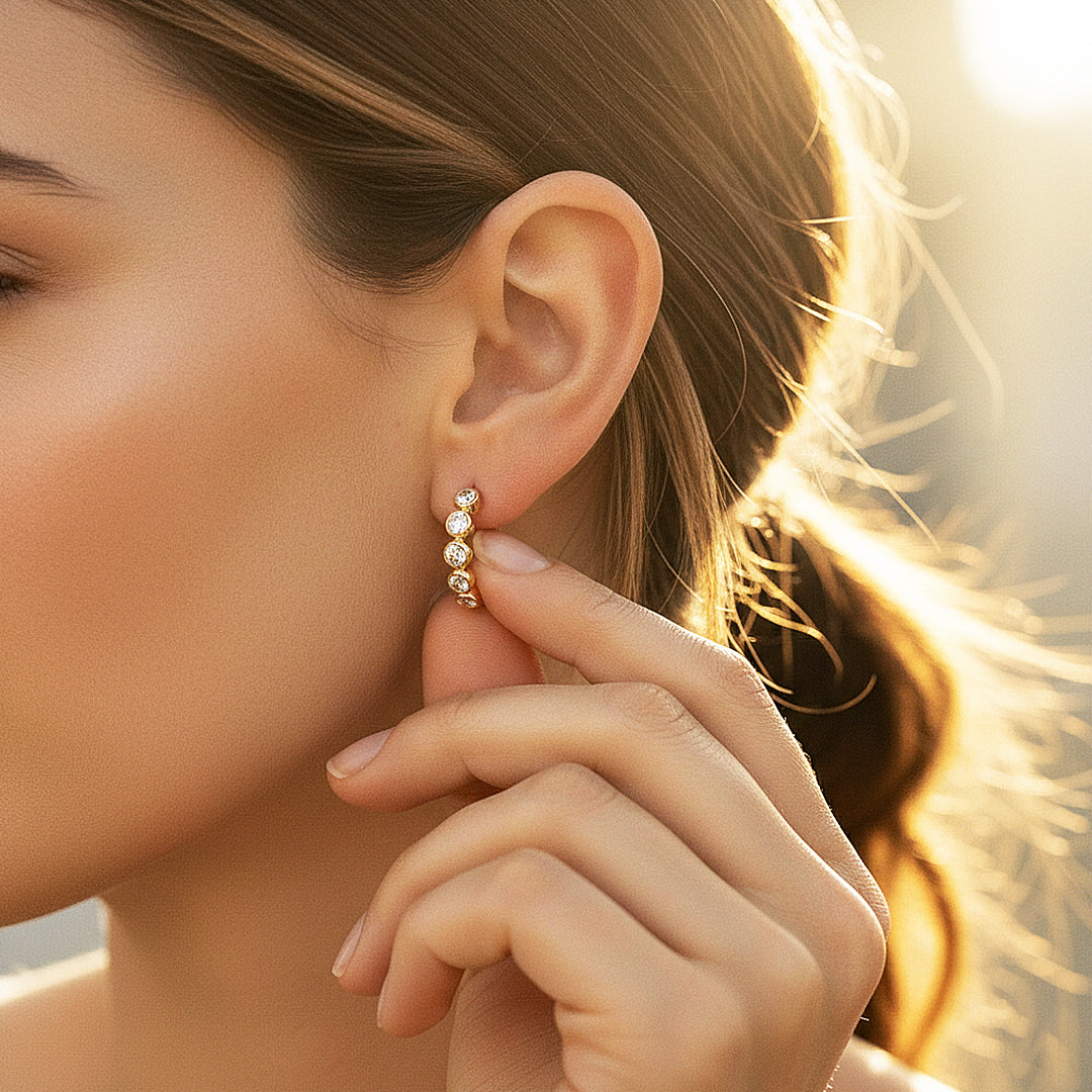 Bezel Set Eternity Huggie Earrings | Moissanite | 14K Gold Plated 925 Sterling Silver | Prm8135 - Earrings | Singapore Jewellery, Wedding Rings &amp; Gifts | Same Day Delivery | Tiara.com.sg