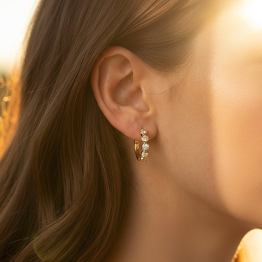 Bezel Set Eternity Huggie Earrings | Moissanite | 14K Gold Plated 925 Sterling Silver | Prm8135 - Earrings | Singapore Jewellery, Wedding Rings &amp; Gifts | Same Day Delivery | Tiara.com.sg