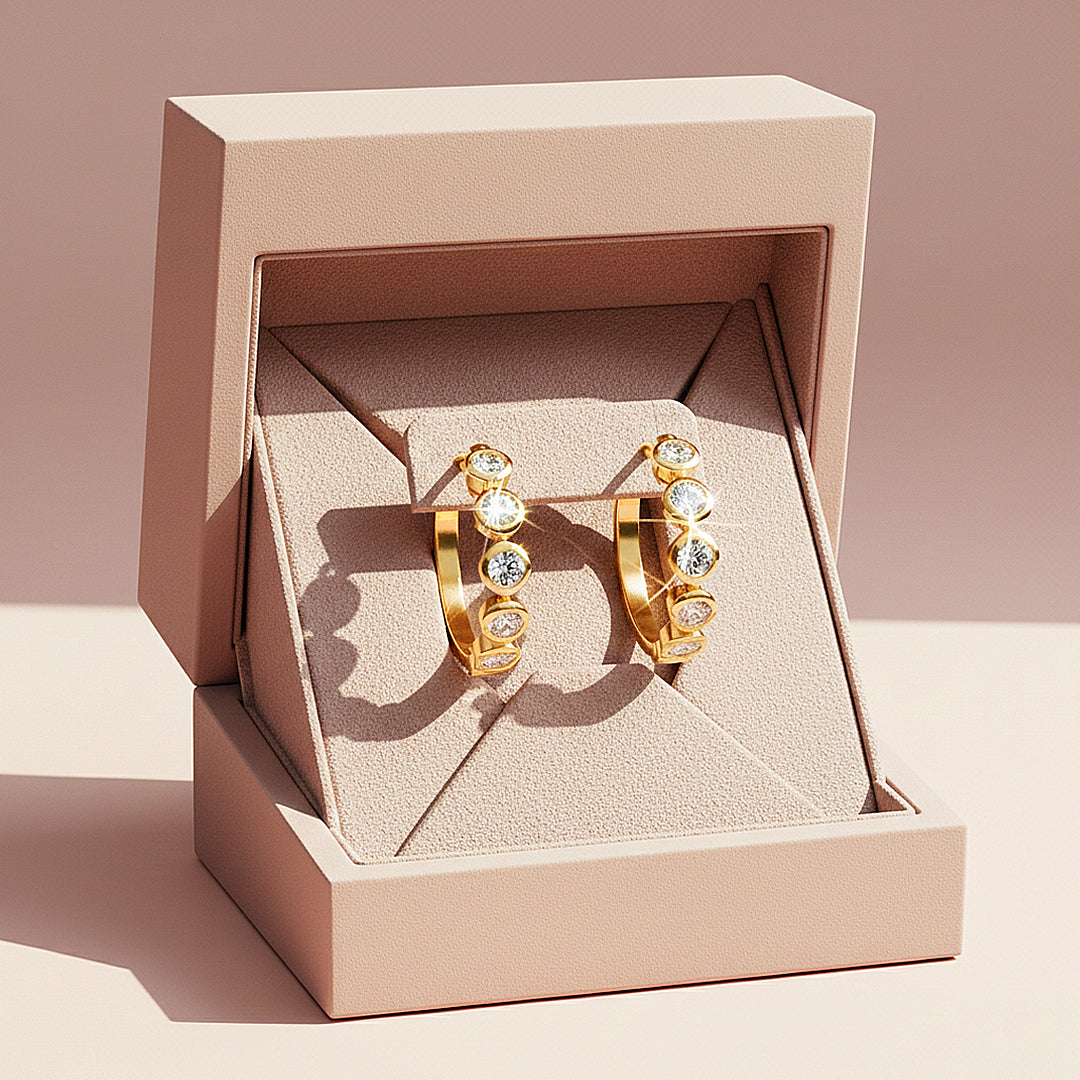 Bezel Set Eternity Huggie Earrings | Moissanite | 14K Gold Plated 925 Sterling Silver | Prm8135 - Earrings | Singapore Jewellery, Wedding Rings &amp; Gifts | Same Day Delivery | Tiara.com.sg