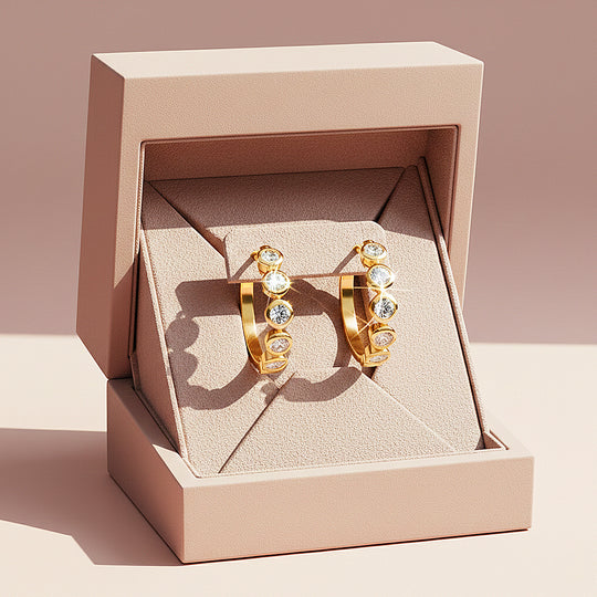 Bezel Set Eternity Huggie Earrings | Moissanite | 14K Gold Plated 925 Sterling Silver | Prm8135 - Earrings | Singapore Jewellery, Wedding Rings &amp; Gifts | Same Day Delivery | Tiara.com.sg