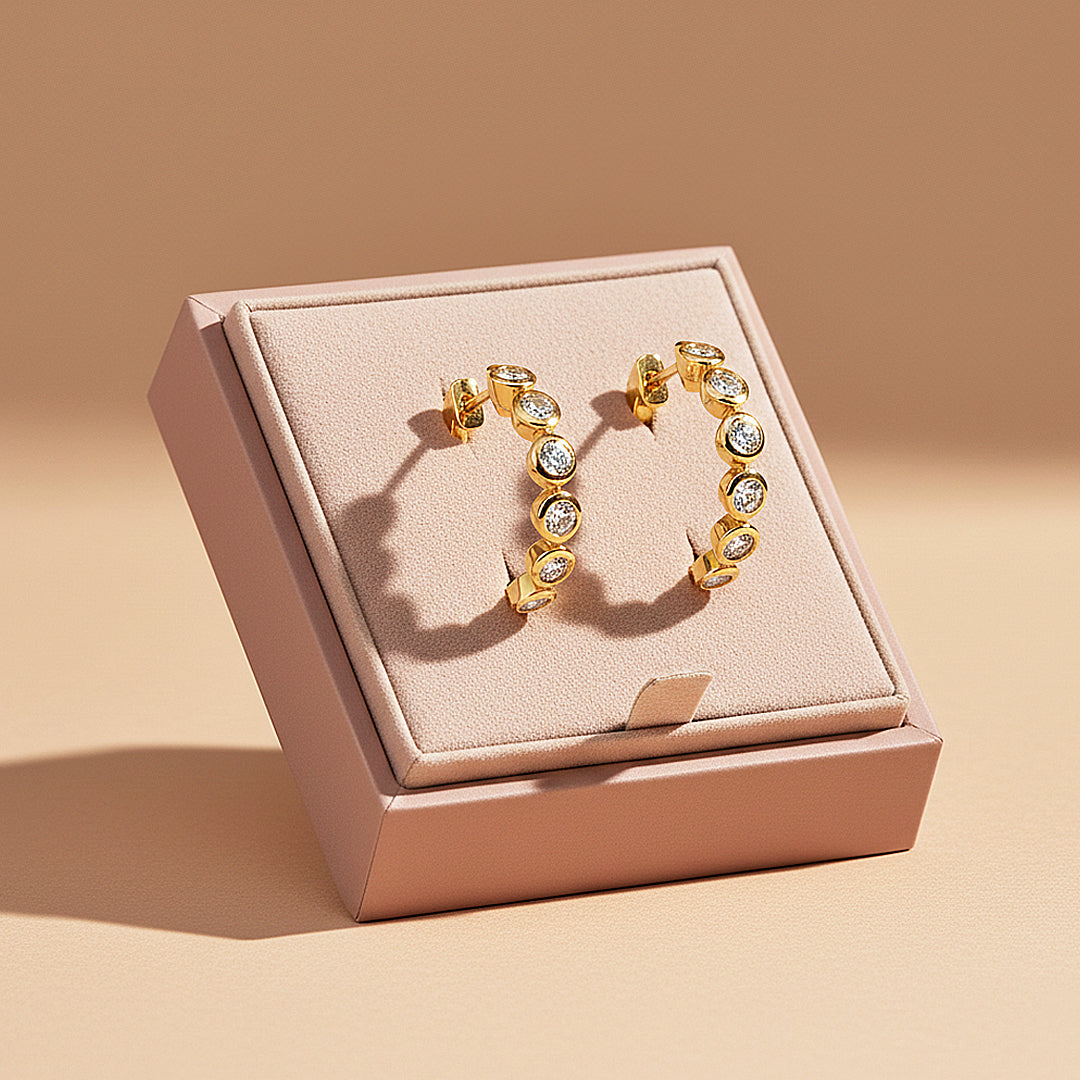 Bezel Set Eternity Huggie Earrings | Moissanite | 14K Gold Plated 925 Sterling Silver | Prm8135 - Earrings | Singapore Jewellery, Wedding Rings &amp; Gifts | Same Day Delivery | Tiara.com.sg