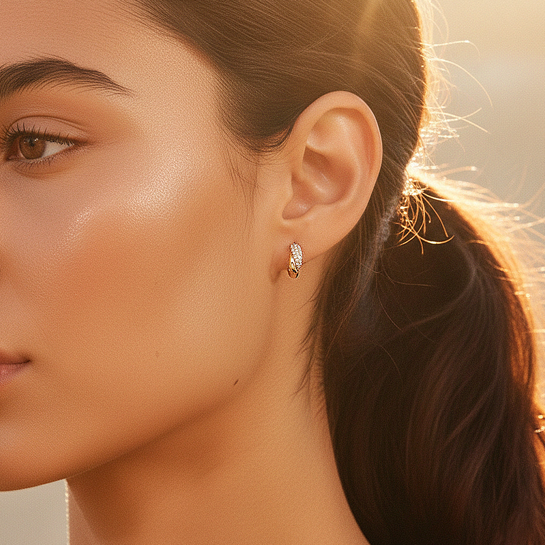 Twisted Pavé Duo Huggie Earrings | Moissanite | 14K Gold Plated 925 Sterling Silver | Prm8136 - Earrings | Singapore Jewellery, Wedding Rings &amp; Gifts | Same Day Delivery | Tiara.com.sg