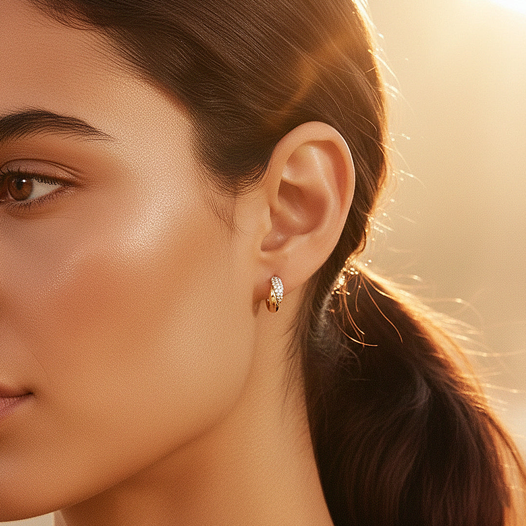 Twisted Pavé Duo Huggie Earrings | Moissanite | 14K Gold Plated 925 Sterling Silver | Prm8136 - Earrings | Singapore Jewellery, Wedding Rings &amp; Gifts | Same Day Delivery | Tiara.com.sg