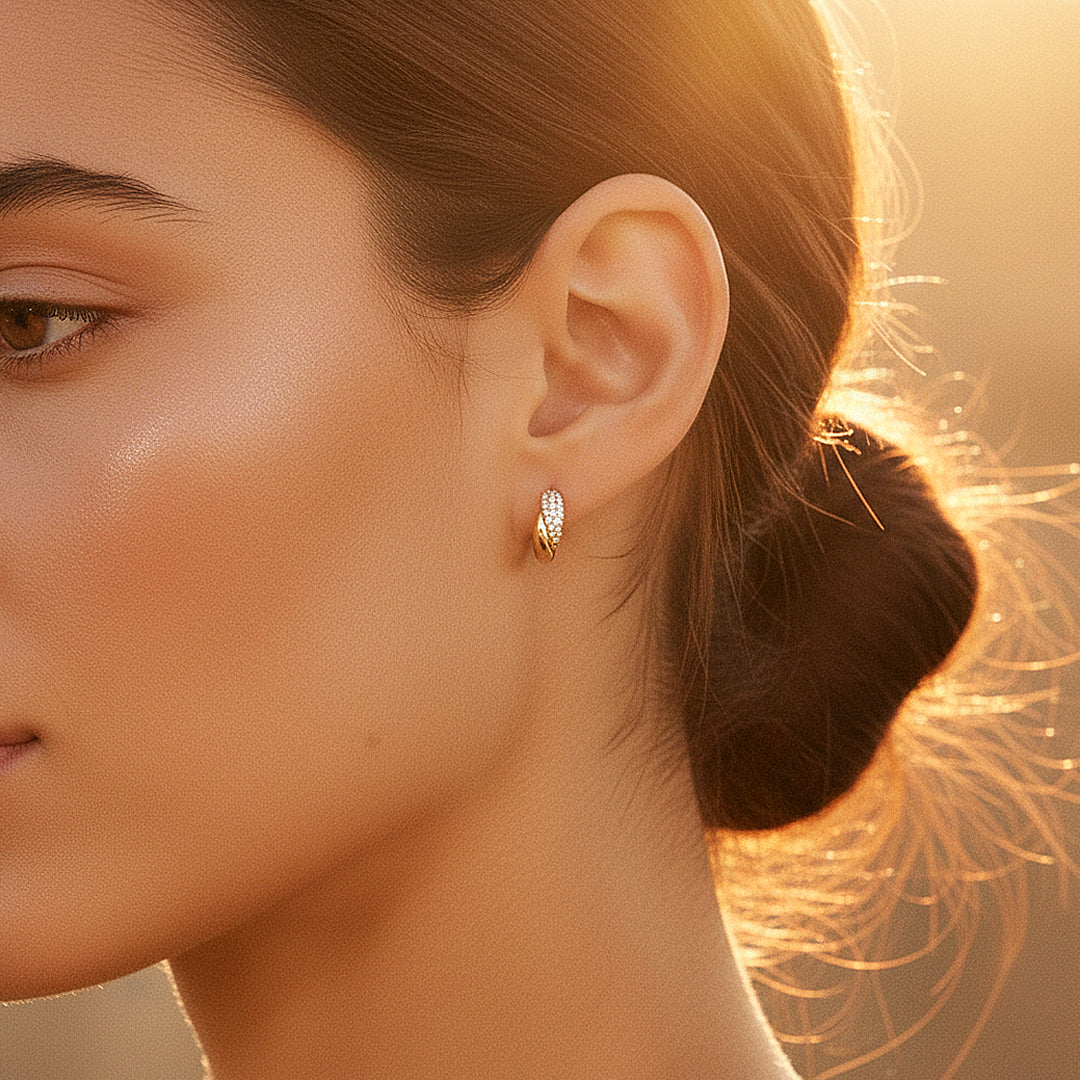 Twisted Pavé Duo Huggie Earrings | Moissanite | 14K Gold Plated 925 Sterling Silver | Prm8136 - Earrings | Singapore Jewellery, Wedding Rings &amp; Gifts | Same Day Delivery | Tiara.com.sg
